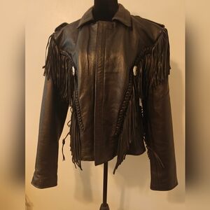 Motorcycle Jacket Unisex 46 Fringes Leather Black Conchos EUC